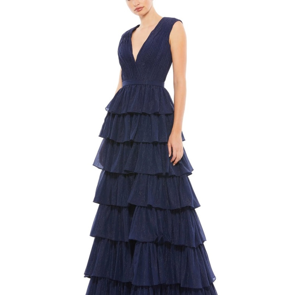 Mac Duggal Navy Blue Tiered Evening Gown